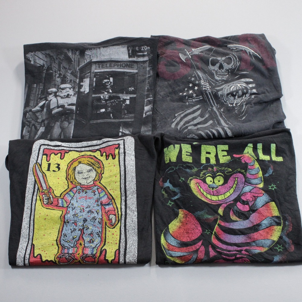 Lot of 4 Dark Pop Culture Graphic T-Shirts XL Chucky Star Wars Disney SOA Black